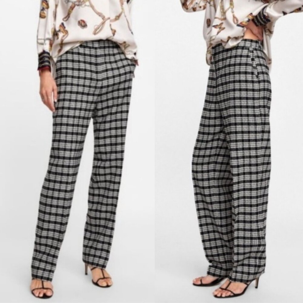 NWT ZARA Wool Blend Plaid Straight Leg Trousers High Waist Black White Size M